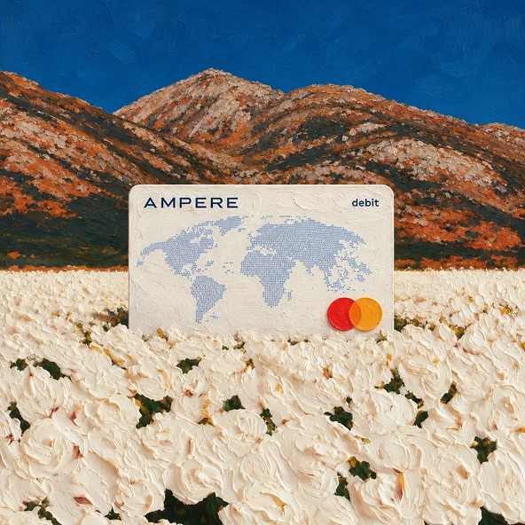 An Ampere card resting on a field of white flowers below the mountains